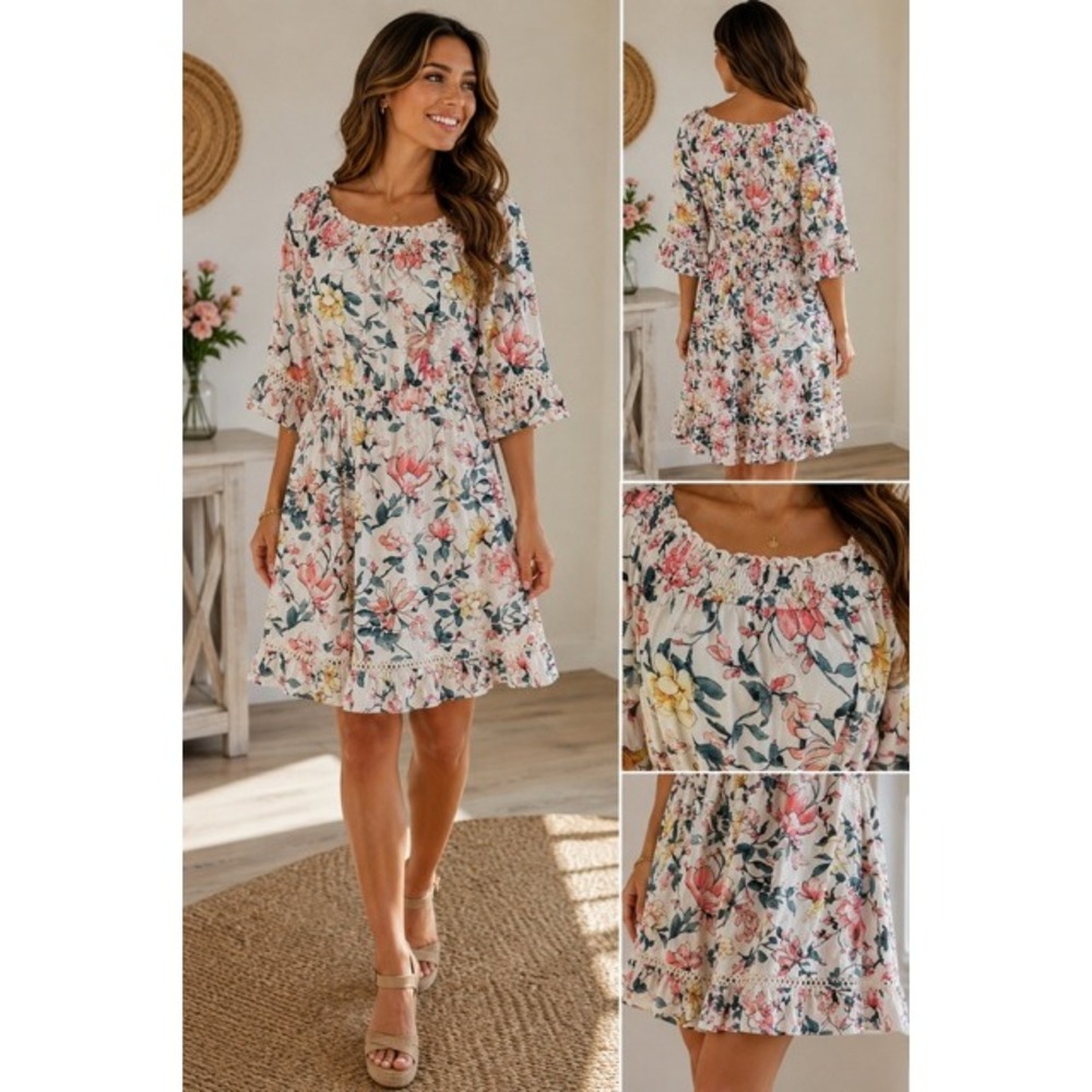 Lulus Floral Smocked Waist Mini Dress XL Cream Pink Crochet Lace Bell Sleeve